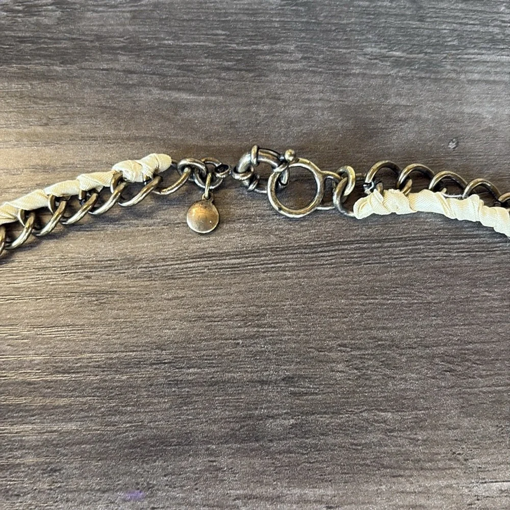 J. Crew Bronze Chain & Ivory Ribbon Necklace With Rhinestones